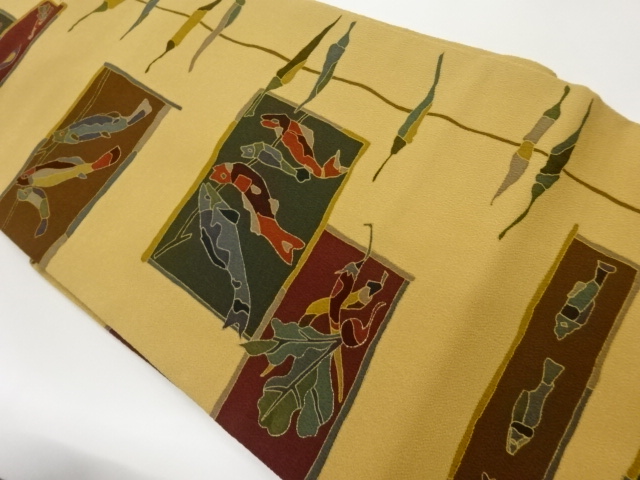 縮緬地金彩唐辛子に魚・野菜模様名古屋帯